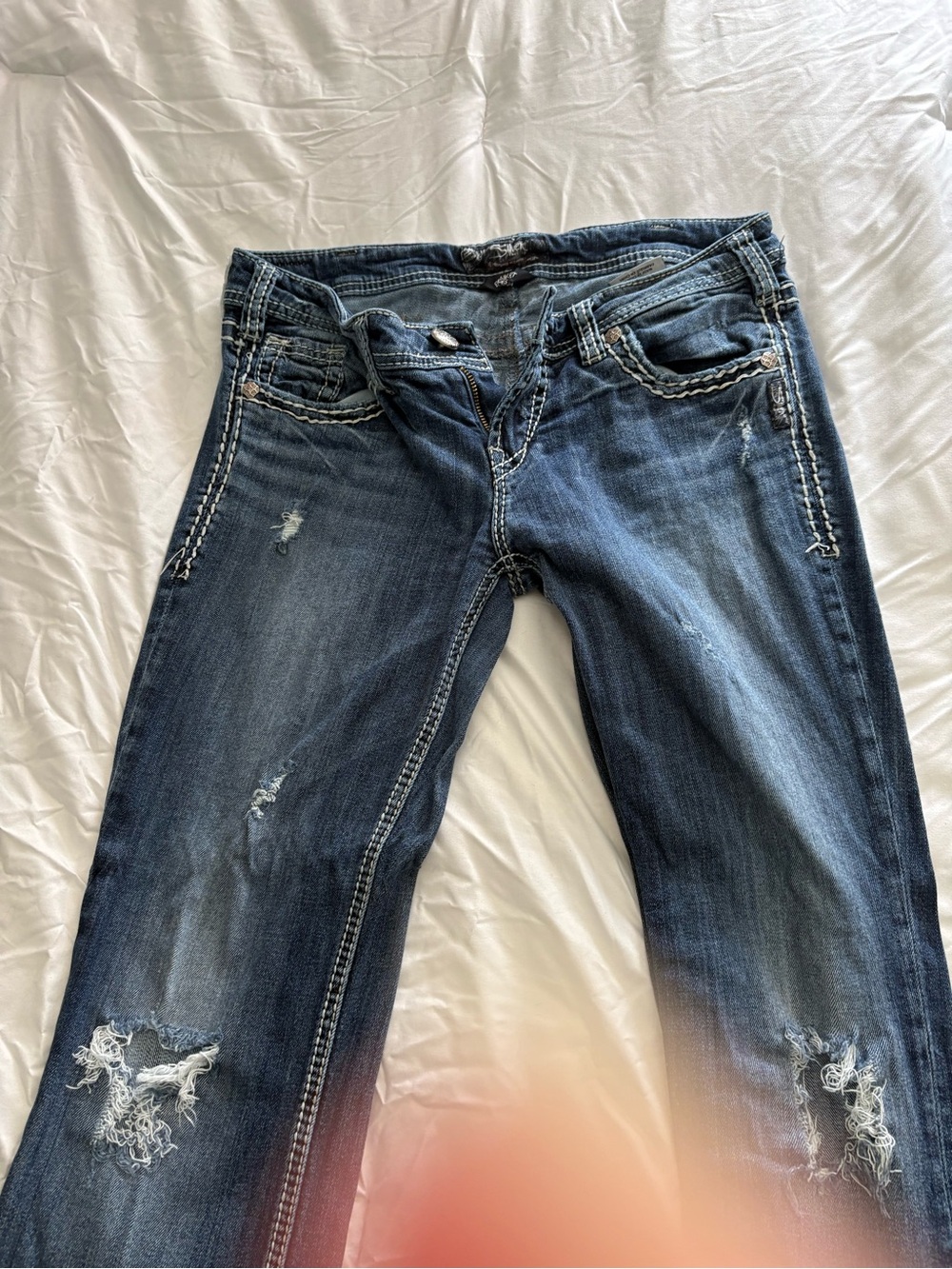Silver Jeans Women's Boot Cut Distressed Dark Blue